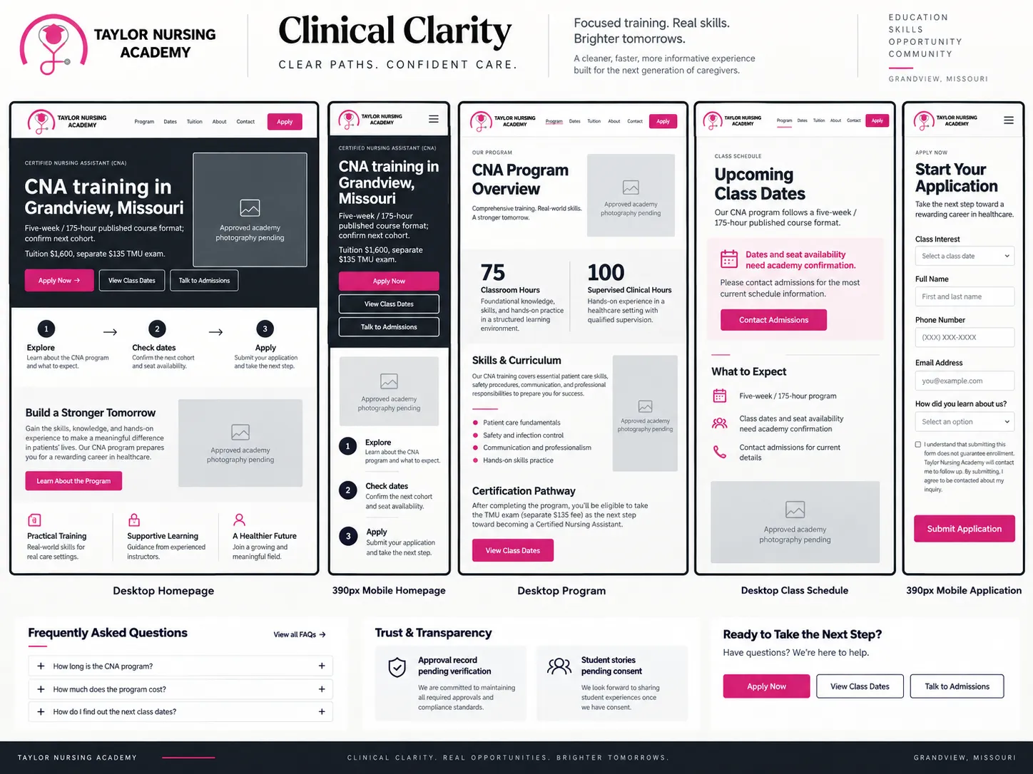 Clinical Clarity exploratory desktop and mobile concept board
